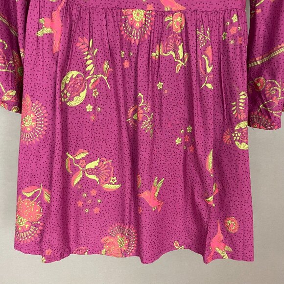 Max Tunic Top Blouse‎ Cropped Bell Sleeves Floral Hummingbird Tassel Neck Small - Picture 9 of 16